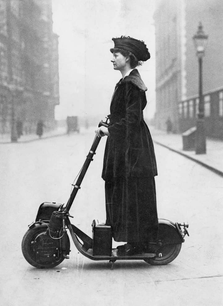 Lady Florence Norman, a suffragette, on her motor-scooter in 1916.