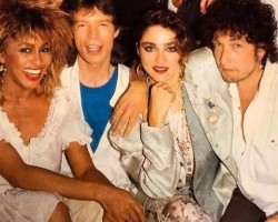 Tina Turner, Mick Jagger, Madonna, and Bob Dylan backstage at Live Aid in 1985