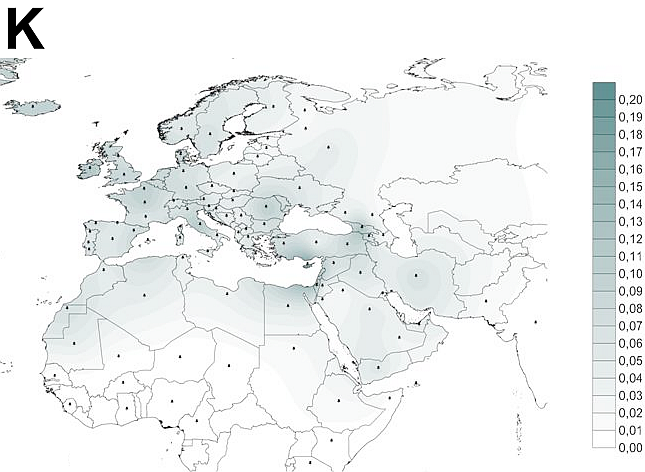 Projected spatial frequency distribution for haplogroup K.