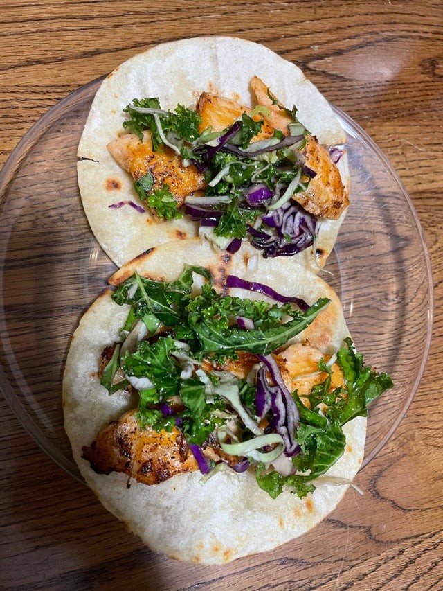 Salmon Tacos w/ Kale/Brussels Sprouts/Cabbage Salad on Corn Tortillas