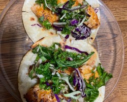 Salmon Tacos w/ Kale/Brussels Sprouts/Cabbage Salad on Corn Tortillas