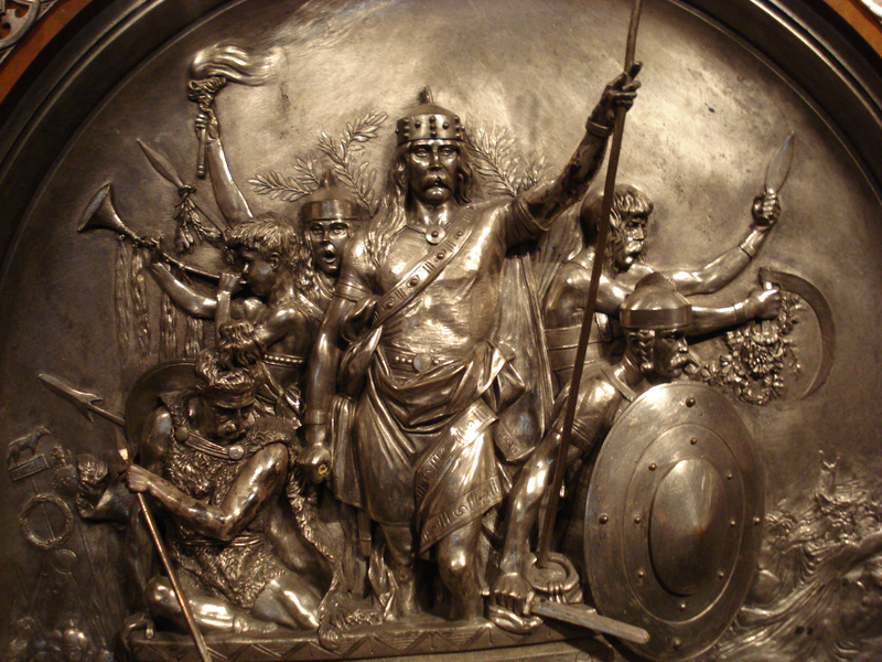 Silvered bronze mount of an armoire depicting the victory of Merovingian King Merovech over the armies of Attila the Hun in 451. By Emmanuel Fremiet, 1867. In the collection of the Metropolitan Museum of Art.