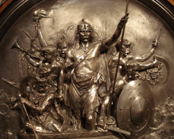 Silvered bronze mount of an armoire depicting the victory of Merovingian King Merovech over the armies of Attila the Hun in 451. By Emmanuel Fremiet, 1867. In the collection of the Metropolitan Museum of Art.